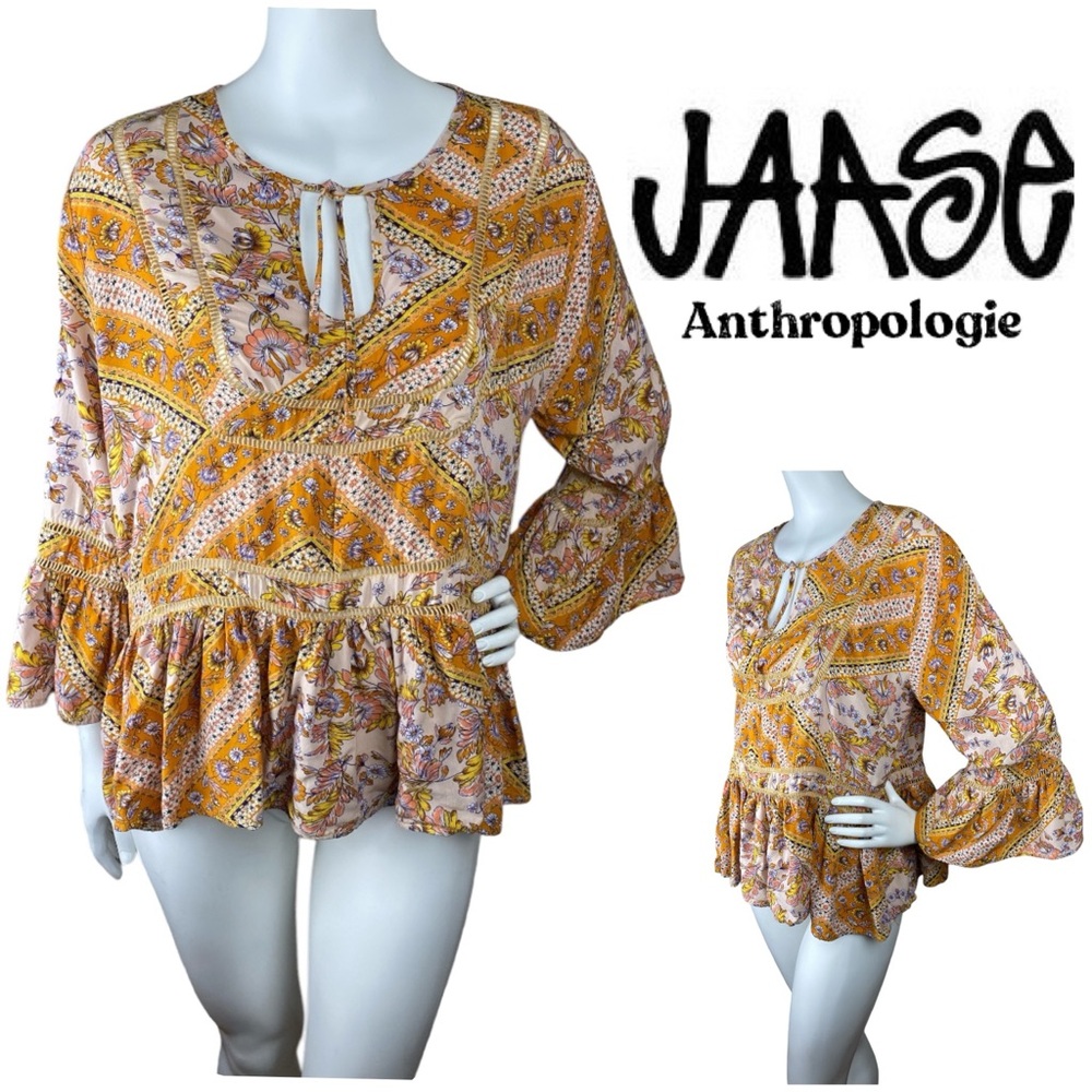 JAASE Anthropologie Yellow Floral Boho Blouse V-Neckline Loose Fit Size Large